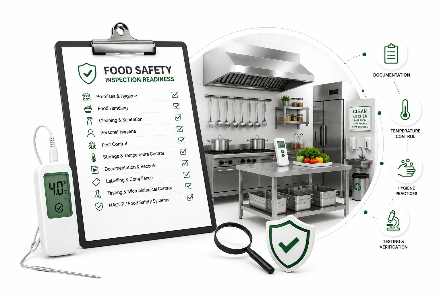 Food safety inspection readiness checklist covering premises and hygiene, food handling, cleaning and sanitation, personal hygiene, pest control, storage and temperature control, documentation, labelling, testing and HACCP, shown alongside a commercial kitchen.