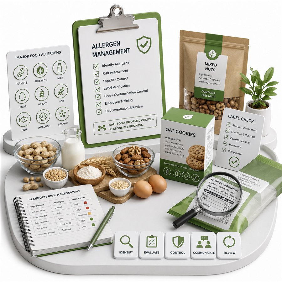 Isometric illustration of allergen management controls and food safety labelling
