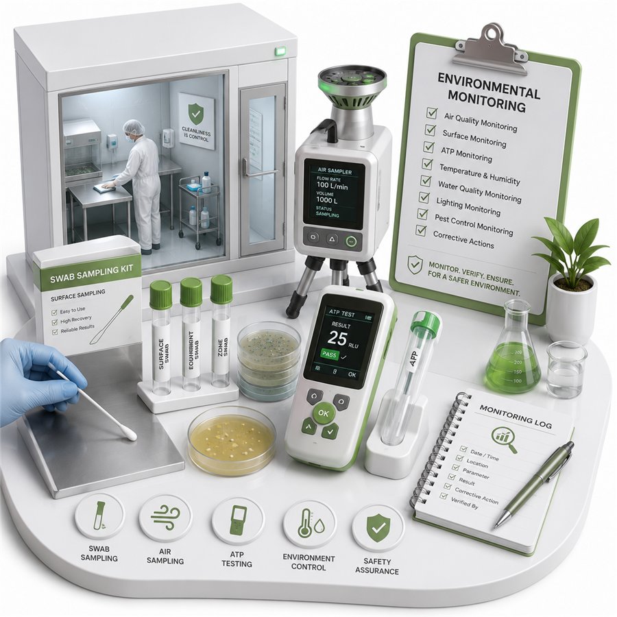 Isometric illustration of environmental monitoring swabbing and laboratory analysis
