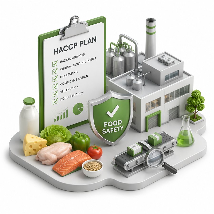 Isometric illustration of a HACCP plan, food safety shield and processing facility