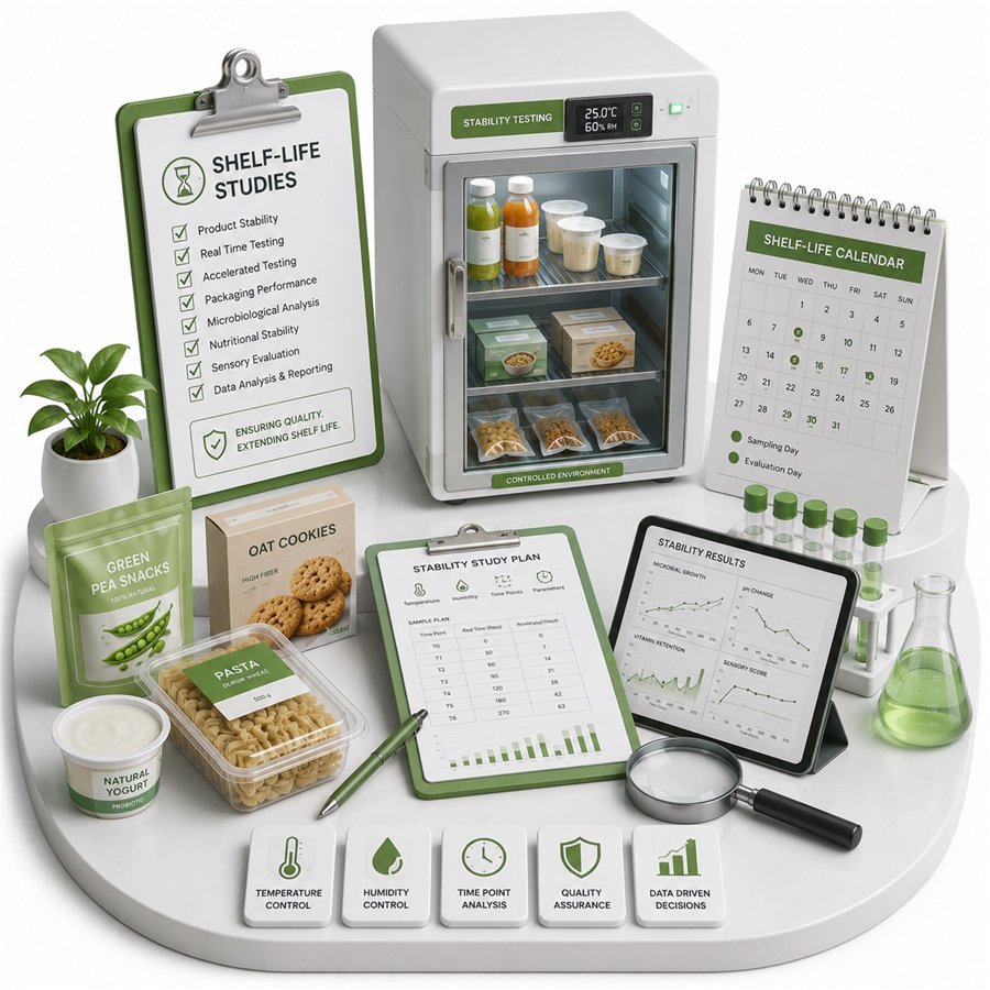 Isometric illustration of shelf-life stability testing and laboratory analysis